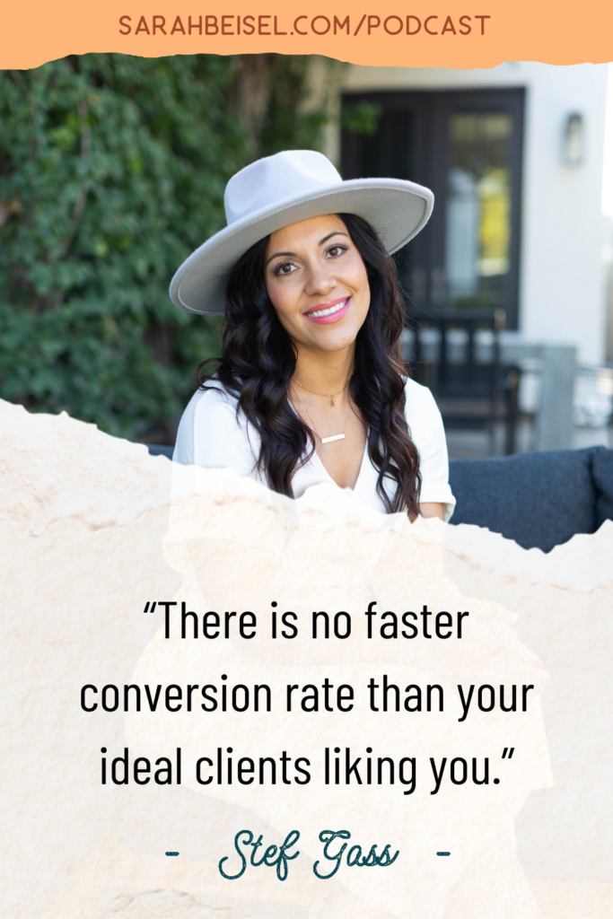 photo of a dark haired woman in white clothing, smiling, and text underneath reading there is no faster conversion rate than your ideal clients liking you.