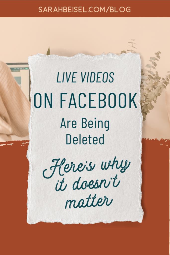 red and gold background. White block. live videos on faebook are being deleted here's why it doesn't matter. www.sarahbeisel.com