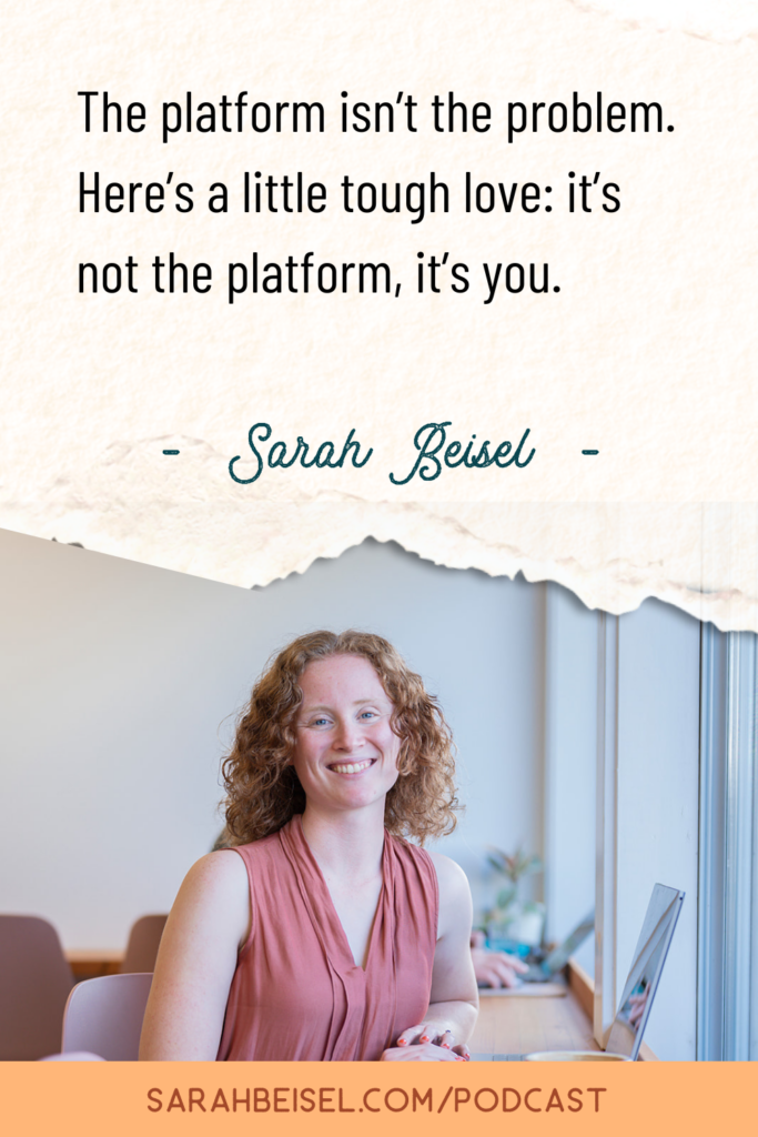red-haired woman at table its not the platform its you. www.sarahbeisel.com