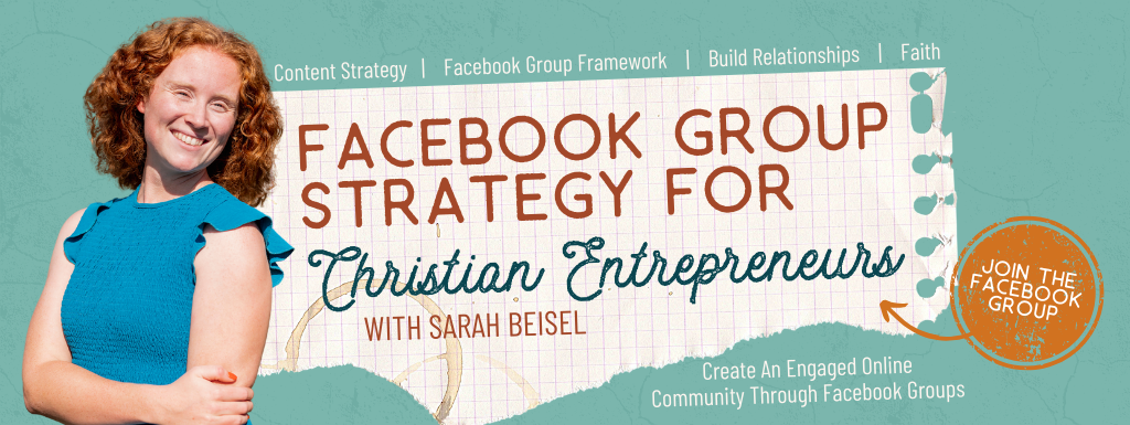 A red haired woman in a teal dress, smiling. Text beside reads Facebook Group Strategy for Christian Entrepreneurs.