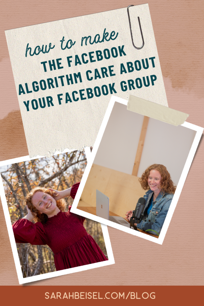 Two photos of the same red haired woman, one with a red dress and one sitting in a cafe speaking into her mic, and text above reading how to make the Facebook algorithm care about your Facebook group