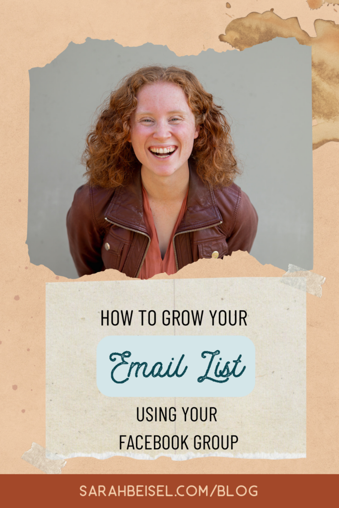 Photo of a lady with red curly hair, she is smiling and wearing a brown leather jacket with a pink blouse. Text reads how to grow your email list using your facebook group.