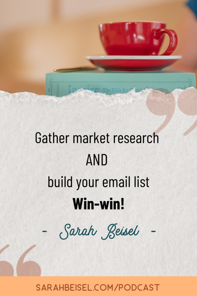 photo of a red coffee cup sitting on a teal journal with a gold pen. with text underneath reading Gather market research and build your email list. win-win!